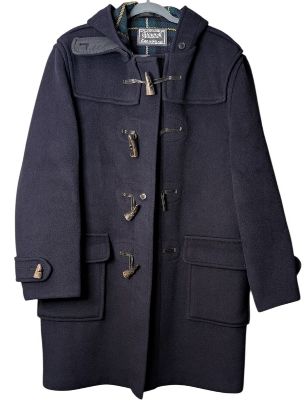 Vtg Gloverall Navy Blue Wool Duffle Coat England Plaid lined Horn Toggle Parka